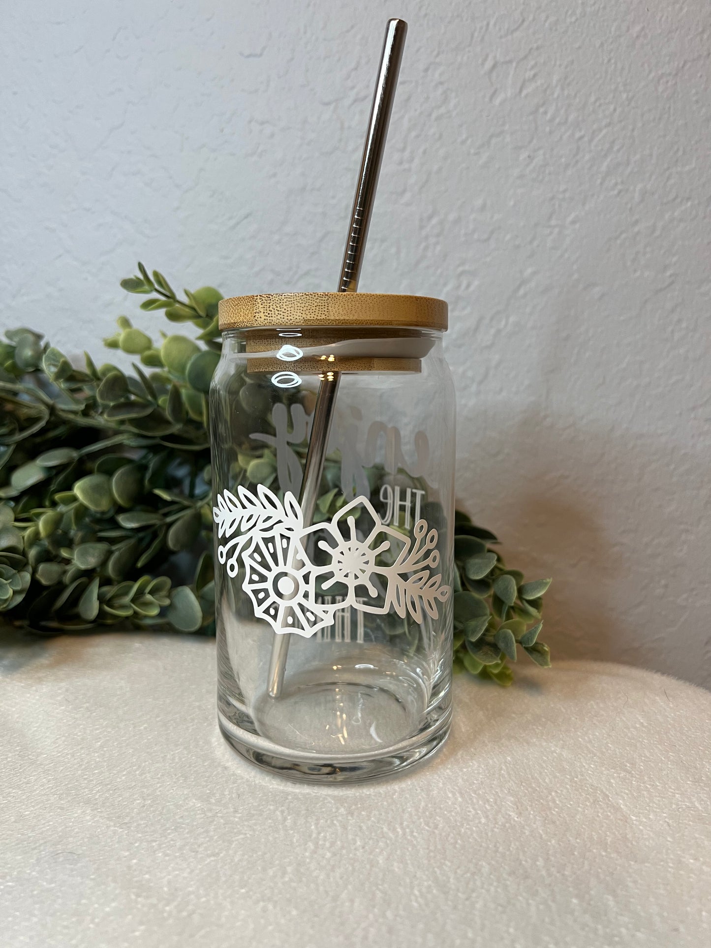 Can Glass | Iced Coffee Glass | Glass Tumbler | Glass Cup With Bamboo Lid | Wildflowers