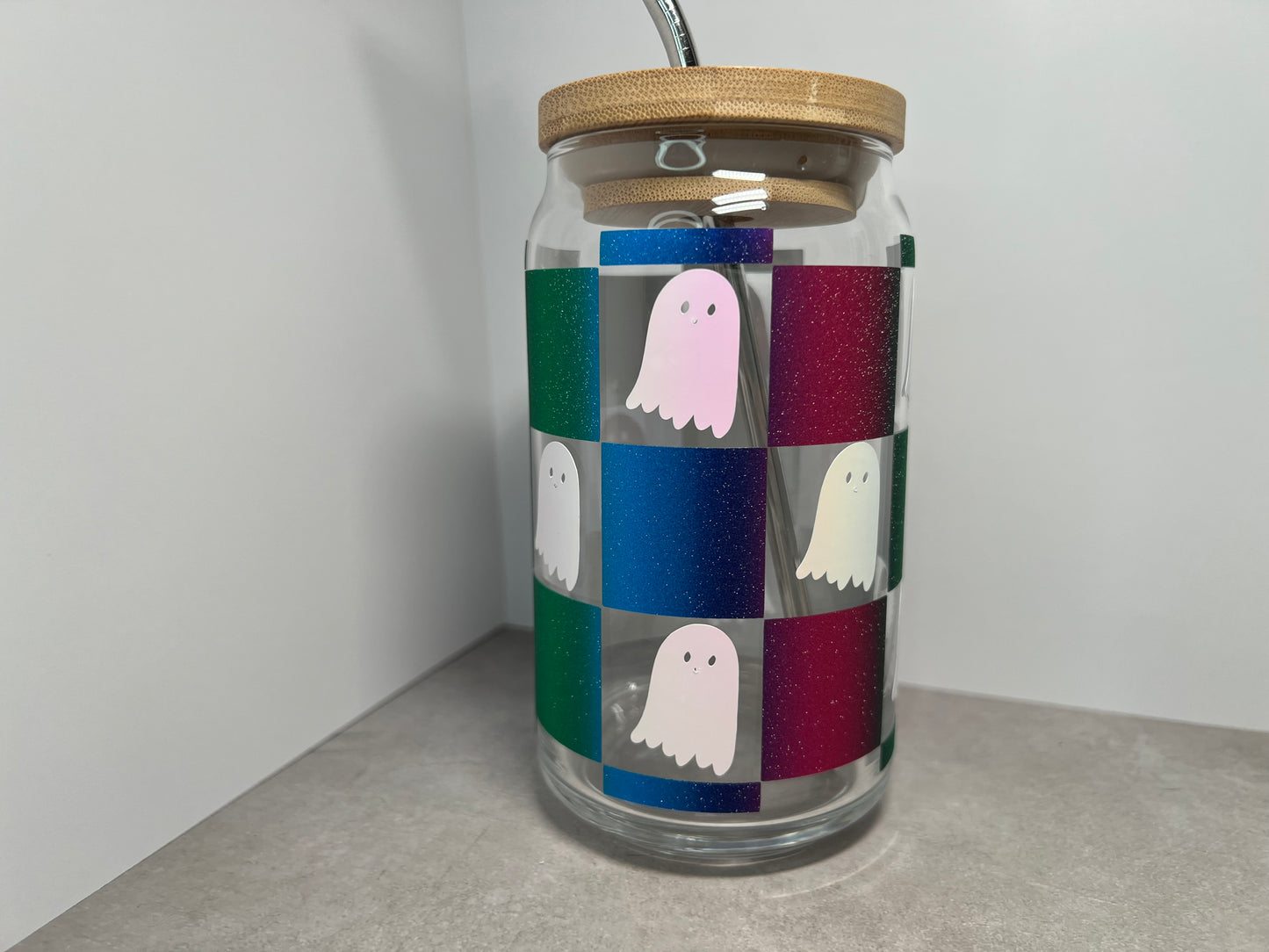 Can Glass | Halloween Iced Coffee Glass | Ghost Glass Tumbler | Glass Tumbler | Glass Cup With Bamboo Lid | Ghost | Checkerboard