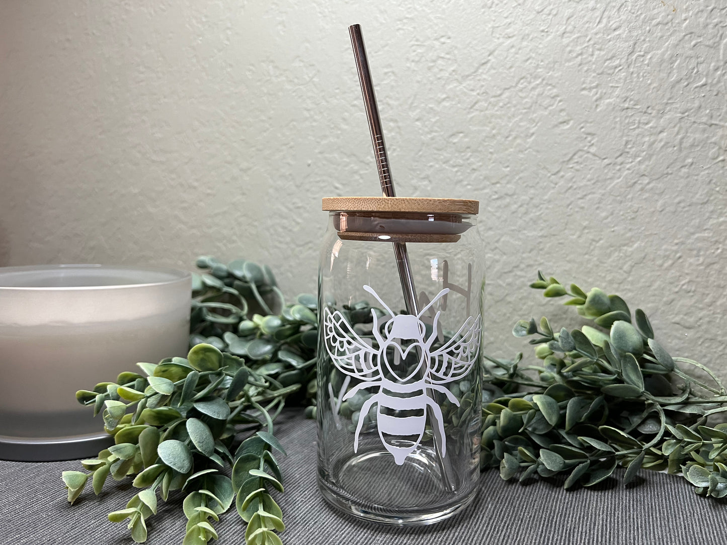 Can Glass | Iced Coffee Glass | Glass Tumbler | Glass Cup With Bamboo Lid | Bee Happy