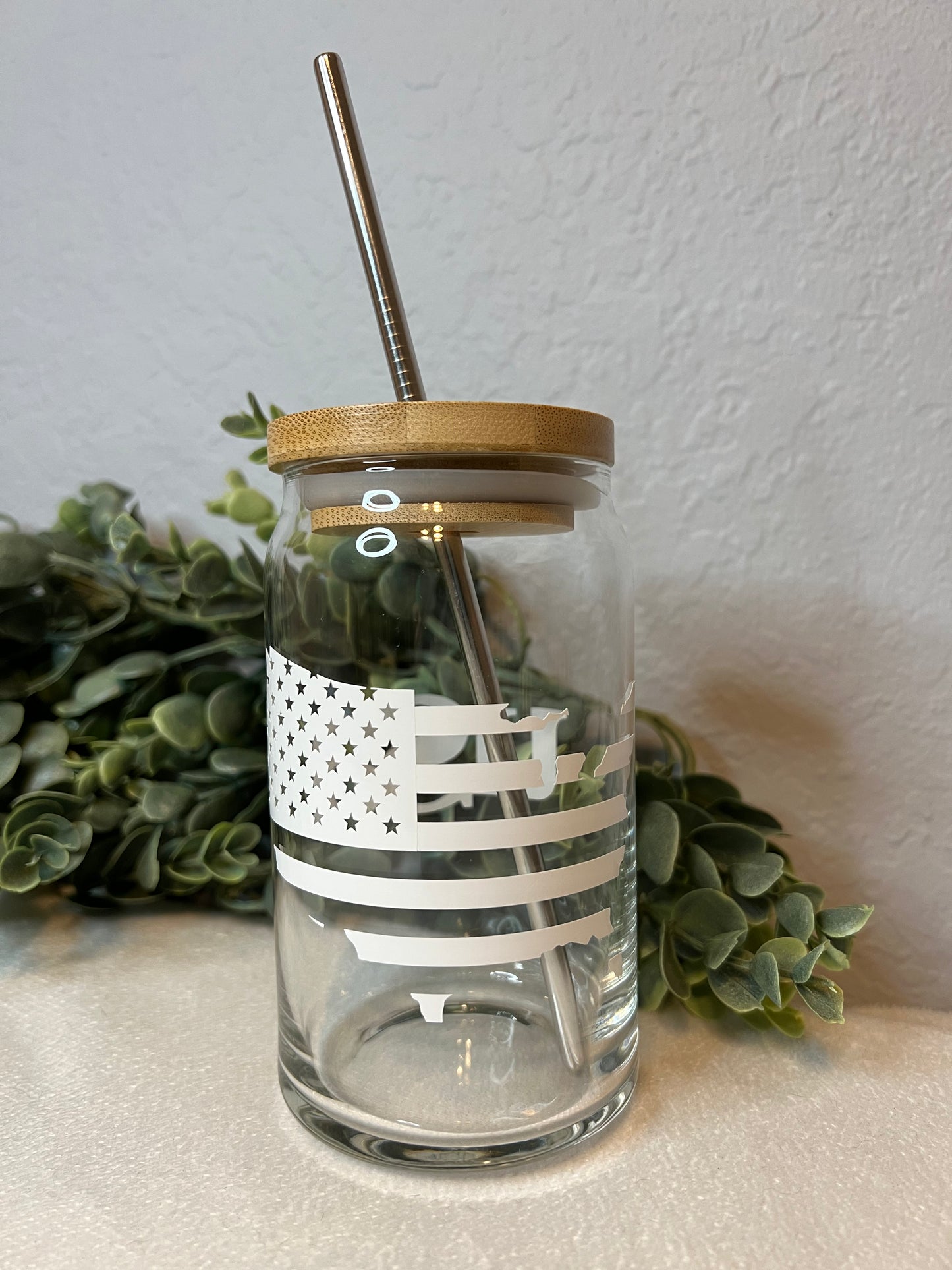 Patriotic Can Glass | Iced Coffee Glass | Glass Tumbler | Glass Cup With Bamboo Lid | USA | American Flag