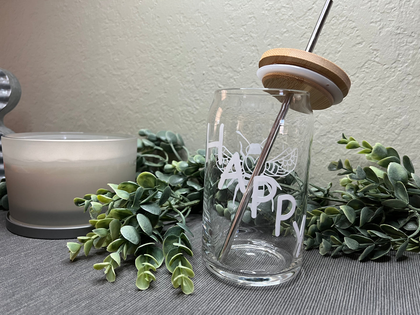 Can Glass | Iced Coffee Glass | Glass Tumbler | Glass Cup With Bamboo Lid | Bee Happy