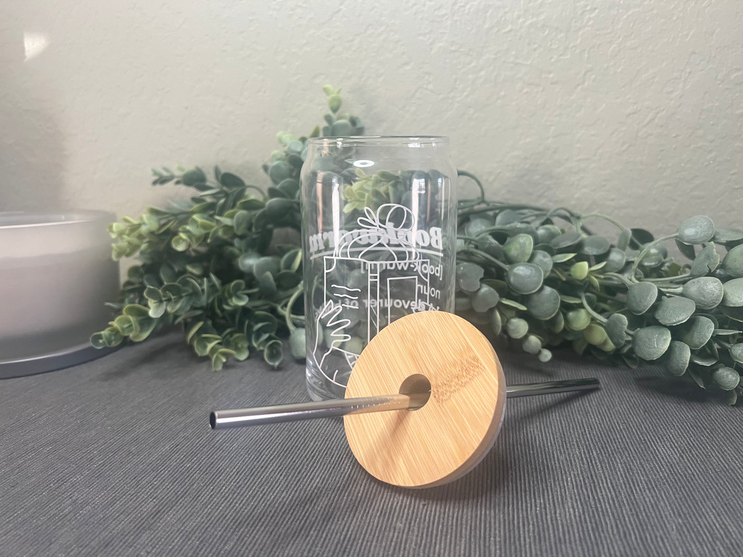 Can Glass | Iced Coffee Glass | Glass Tumbler | Glass Cup With Bamboo Lid | Bookworm | Book Girl