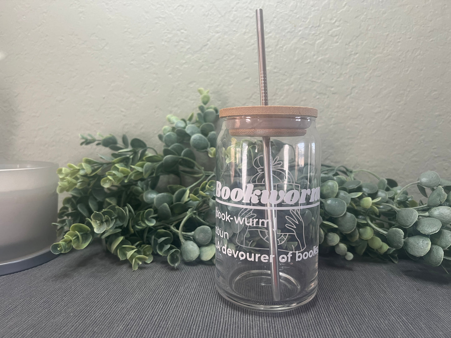 Can Glass | Iced Coffee Glass | Glass Tumbler | Glass Cup With Bamboo Lid | Bookworm | Book Girl