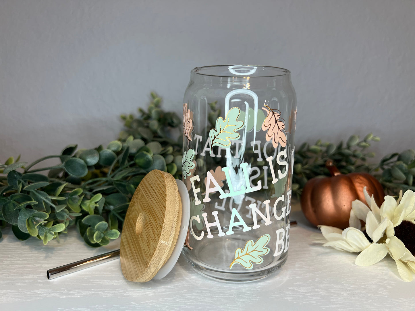 Autumn Can Glass | Fall Iced Coffee Glass | Leaves Glass Tumbler | Glass Cup With Bamboo Lid | Autumn | Fall is Proof