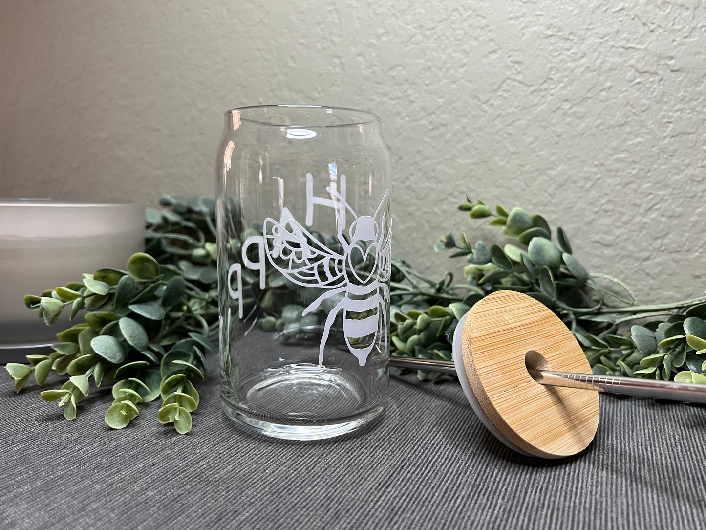 Can Glass | Iced Coffee Glass | Glass Tumbler | Glass Cup With Bamboo Lid | Bee Happy