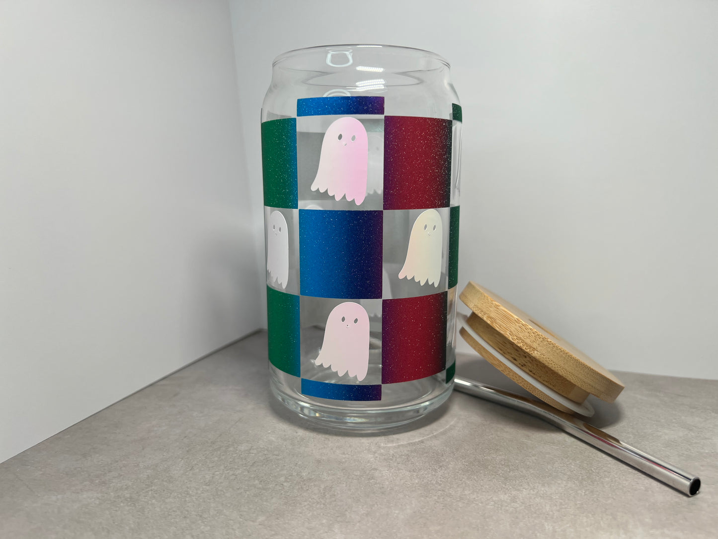 Can Glass | Halloween Iced Coffee Glass | Ghost Glass Tumbler | Glass Tumbler | Glass Cup With Bamboo Lid | Ghost | Checkerboard