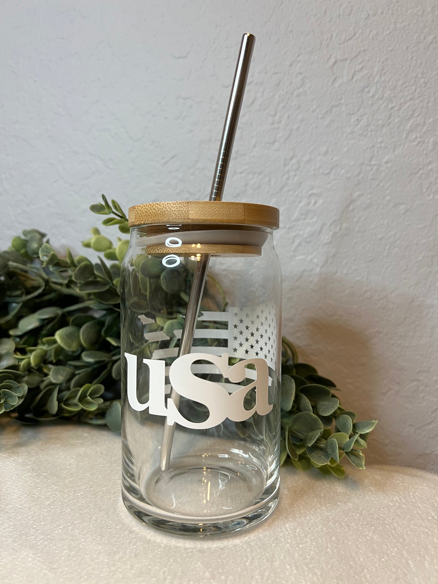 Patriotic Can Glass | Iced Coffee Glass | Glass Tumbler | Glass Cup With Bamboo Lid | USA | American Flag