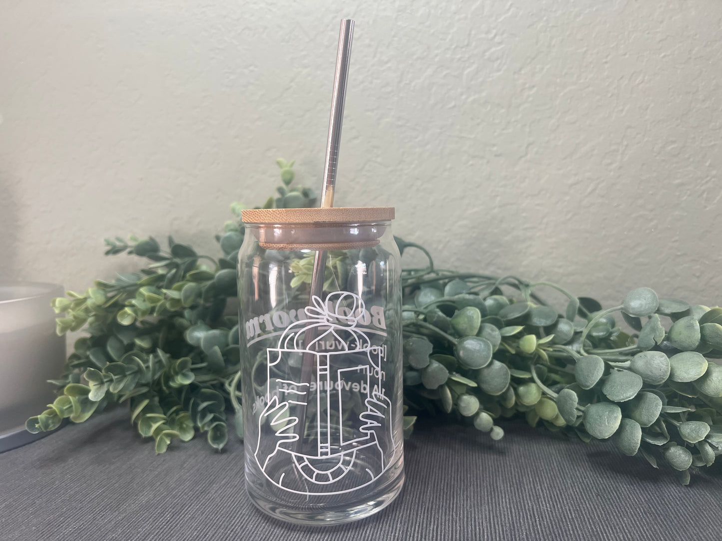 Can Glass | Iced Coffee Glass | Glass Tumbler | Glass Cup With Bamboo Lid | Bookworm | Book Girl