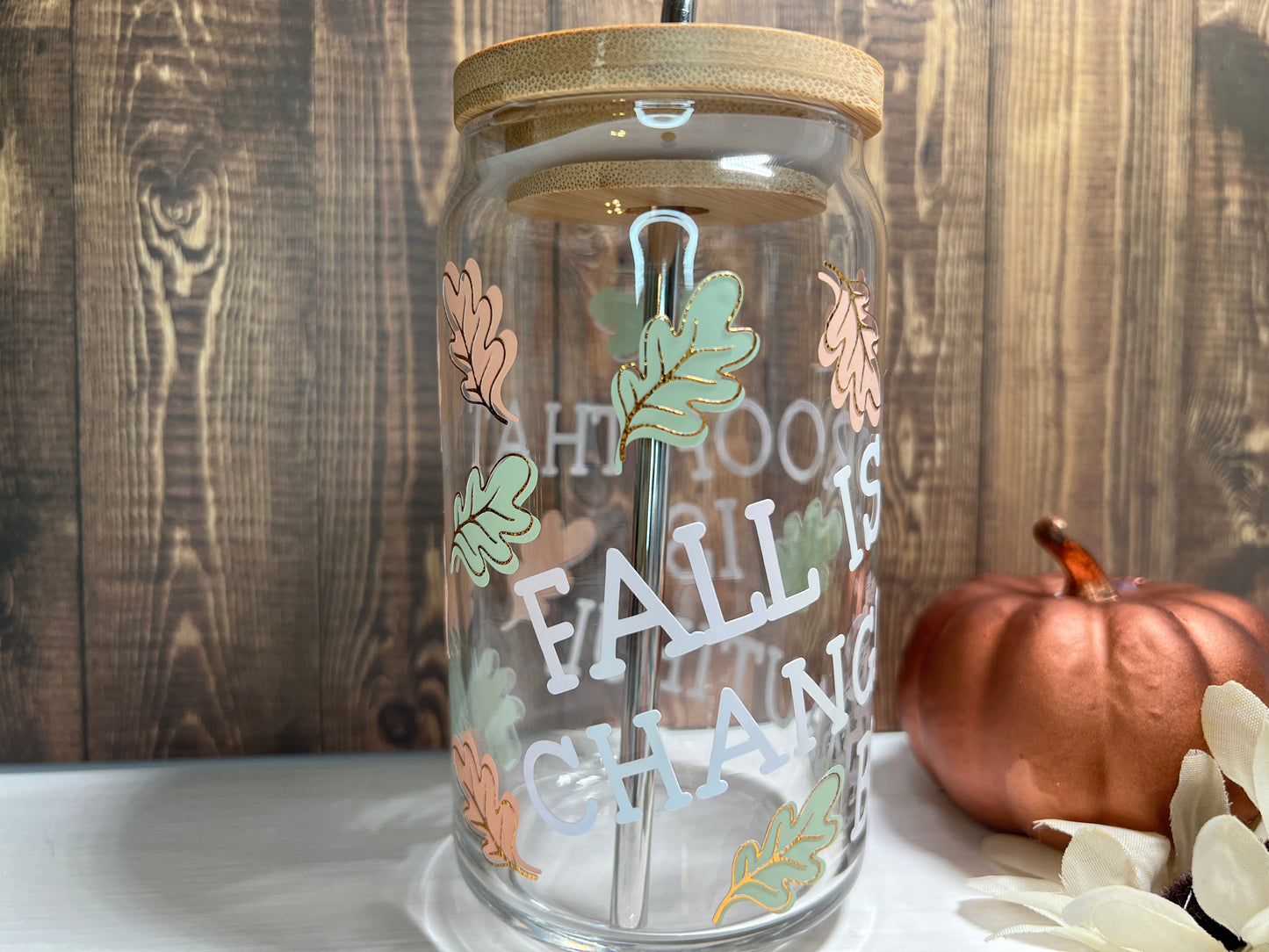 Autumn Can Glass | Fall Iced Coffee Glass | Leaves Glass Tumbler | Glass Cup With Bamboo Lid | Autumn | Fall is Proof