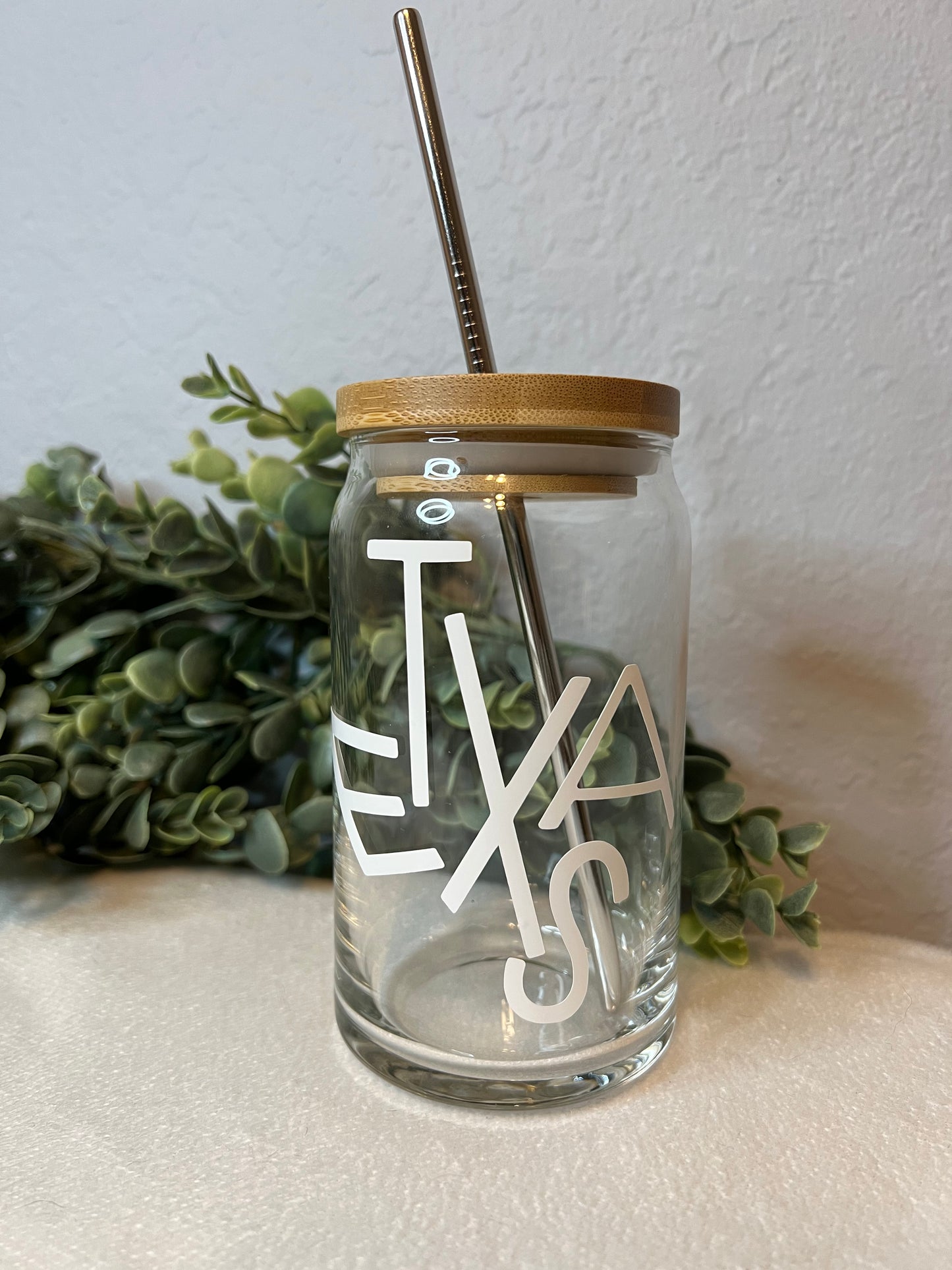Texas Can Glass | Iced Coffee Glass | Glass Tumbler | Glass Cup With Bamboo Lid | Texas | Can Glass | Funky Texas