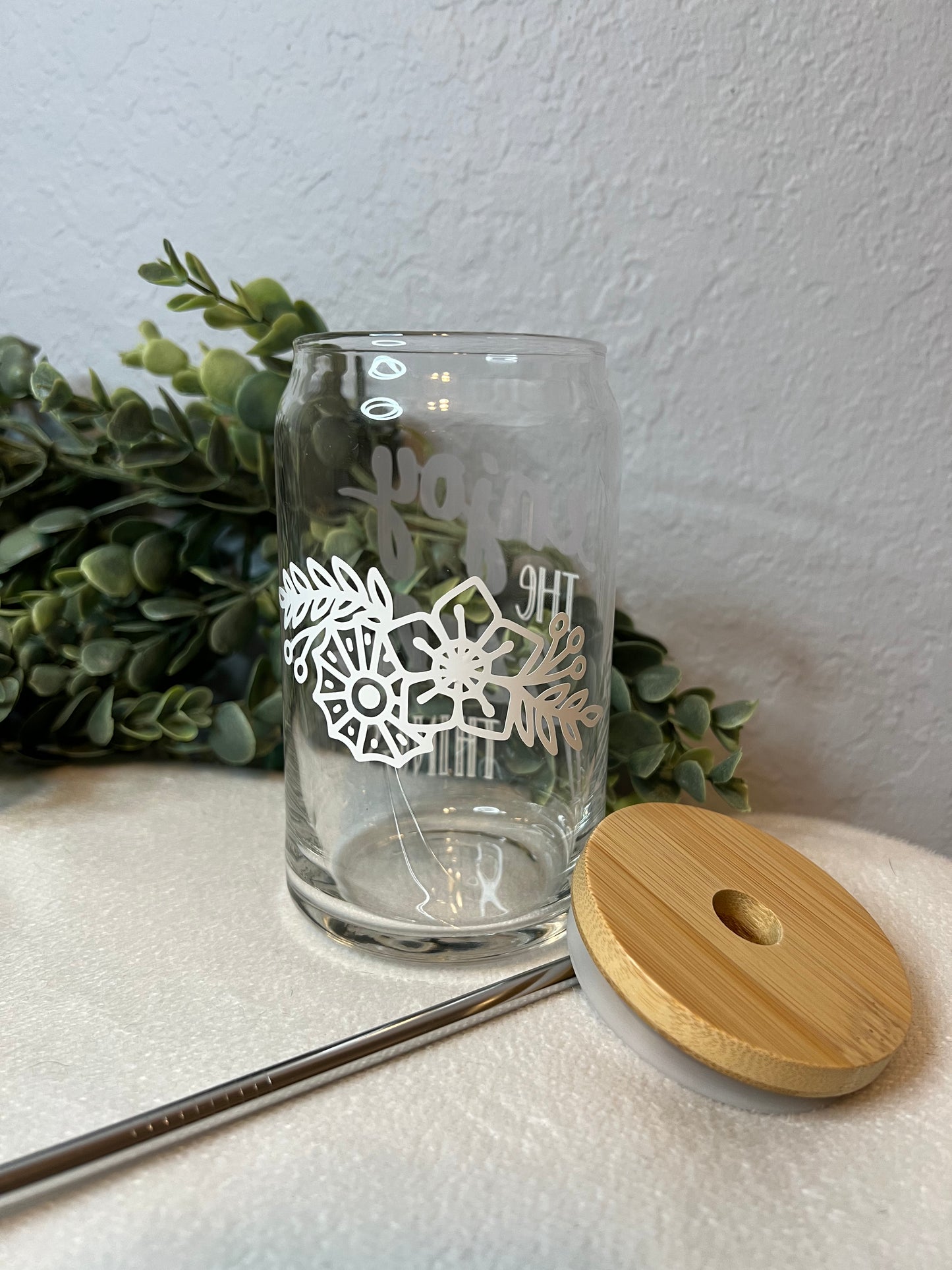 Can Glass | Iced Coffee Glass | Glass Tumbler | Glass Cup With Bamboo Lid | Wildflowers